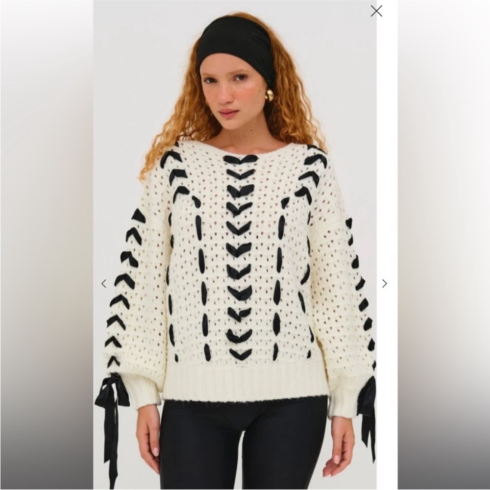 For Love & Lemons Laurel Sweater Cream with Black Ribbon | Size Small | BNWT